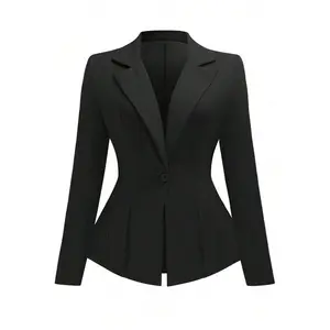 FINJANI Elegant Plus-Size Blazer for Women – Solid Black Fitted Waist Design, Spring/Autumn Fashion Jacket – Casual Minimalist Suit-Style Fabric – Elegant Flared Silhouette – Formal Long Sleeves