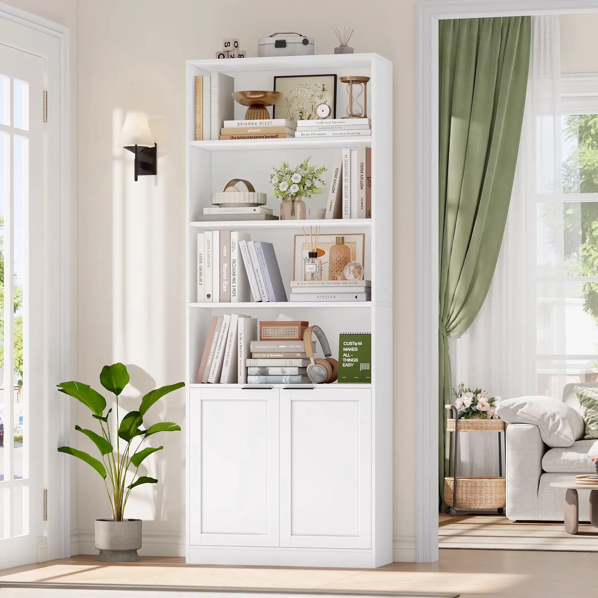 73" Tall 6-Tier Narrow Bookcase, 26" Wide Minimalist Single Row Bookshelf with 2 Doors and 4 Open Shelves, for Office Living Room