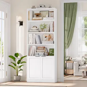 73" Tall 6-Tier Narrow Bookcase, 26" Wide Minimalist Single Row Bookshelf with 2 Doors and 4 Open Shelves, for Office Living Room