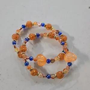 Pair of Beaded Bracelets 'Orange Sapphire' - 7.5 Inches Beach Theme with Orange Blue & Gold Beads for Everyday Wear or Beach Outings