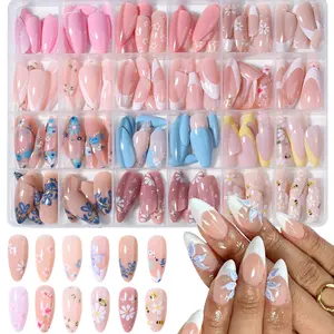 576pcs Medium Almond Press-On Nails, Nail Extension, Blue Nude Colors, Glossy Finish, Summer Floral Design, for Women and Girls, Nail Tips Art