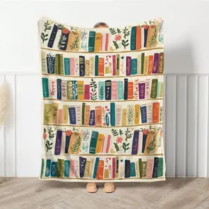 Vintage Bookshelf Library Throw Flannel Blanket, Cottagecore Book Wildlowers Blanket Gift For Book Lover Library Gift Floral Bookish Gift For Reader libary decor reading accessory