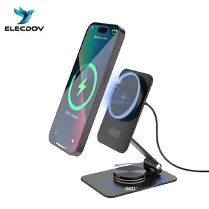 Compatible with MagSafe Charger, 15W Charging MagSafe Charger Stand, 360°Rotation Base Adjustable Foldable Wireless Charger for iPhone 15 Pro Max/14/13/12, Portable, for Travel [Adapter Not Included] Alloy Aluminum Folding Android Metal Smartphone Mobile