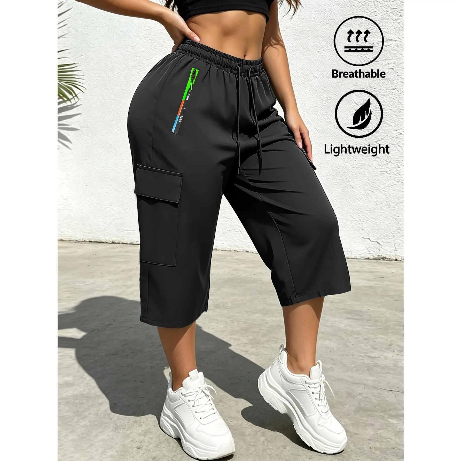 Women's Spring/Summer Fashion Casual Solid Color Cargo Capri Pants, Elastic Waist with Drawstring, Multicolor Zipper, Large-Capacity Pockets — Suitable for Outdoor Leisure, Sports, and Everyday Stylish Wear in Spring and Summer