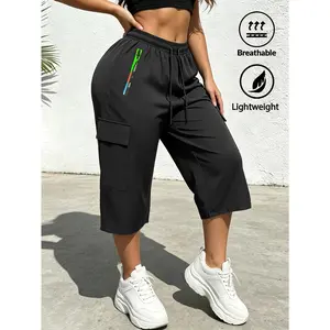Women's Spring/Summer Fashion Casual Solid Color Cargo Capri Pants, Elastic Waist with Drawstring, Multicolor Zipper, Large-Capacity Pockets — Suitable for Outdoor Leisure, Sports, and Everyday Stylish Wear in Spring and Summer