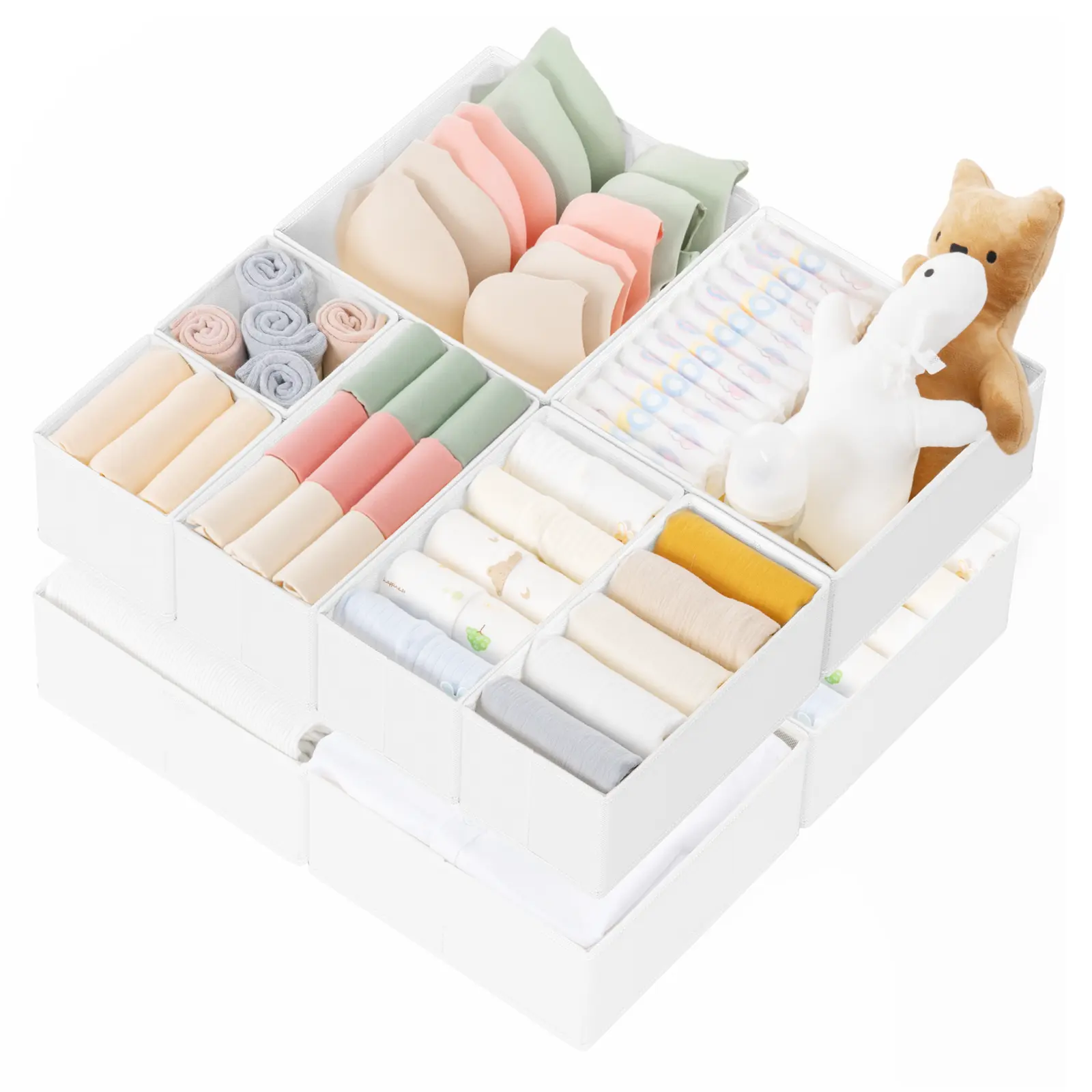 Criusia 10-Pack Multi-Size Square Non-Woven Organizer Set - Collapsible Stackable Home Storage Boxes, Drawer Inserts for Clothing, Baby Nursery Organization (White)