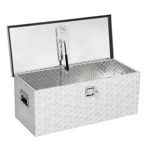 Heavy-duty aluminum truck tool box with locking system and weatherproof seal. Available in 15x15x36 inch diamond plate silver or 34.5x12.75x6.4 inch black powder-coated finish. Includes keys.