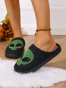 Halloween Comfortable Couple Slippers, Alien Embroidery Cartoon Design, Warm Fabric Lining, Tpr Sole, Fall Winter Wear, Footwear