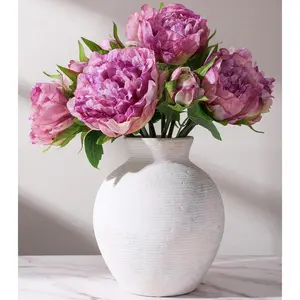Ceramic Flower Vase Home Decor, 7.4 in Farmhouse Table Vases Rustic Vintage Living Room Kitchen Bedroom Decoration Pottery Decorative Vases for Flowers House Shelf Office Desk Dining Entryway, White