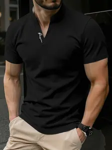 Men's Short Sleeve T-Shirt, V-Neck Letter Embroidery, Casual Fitted H-Type, Chevron Pattern, Daily Wear and Outdoor Sports, Casual Streetwear Tops, Casual Style Tee, Menswear