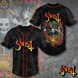 Ghost Band baseball jersey – iconic rock band merch, fiery skull artwork, premium streetwear for metal fans, perfect gift for rock lovers, limited edition shirt for concerts & casual wear
