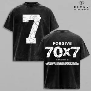 Mathew 18:21-22 Forgive 70x7 Double Printed Vintage Jesus Washed Tee, Unisex Oversized Heavyweight Cotton T-shirt for Faith-Based Streetwear Bible Verse Church Outfit Gym Pump Cover Christian Merch U0V