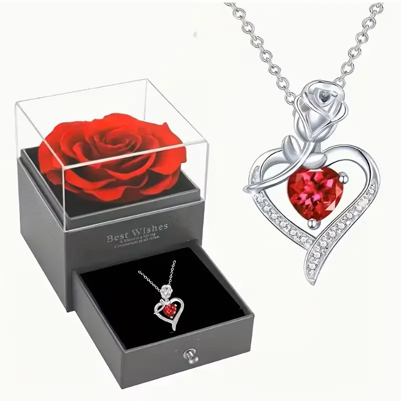 Rose Heart Pendant Necklace with Decorative Gift Box Romantic Keepsake Jewelry Gift Elegant Love Necklace Floral Pendant Fashion Jewelry Birthday Anniversary Valentine's Day Mother's Day Christmas Wedding Graduation Special Occasion Gift