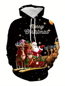 Men's 3D Christmas Graphic Print Hoodie, Loose Fit with Candy Cane, Holly, Santa Pattern, Casual Winter Sweater, Holiday Party Wear