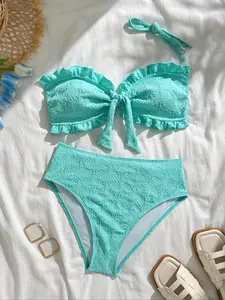 Two-Piece Bikini Set with Removable Straps, Halter Neck Design, Perfect for Beach Vacations & Summer, Bandeau Bikini Set, Textured Bikini Sets, Floral Print Bikinis