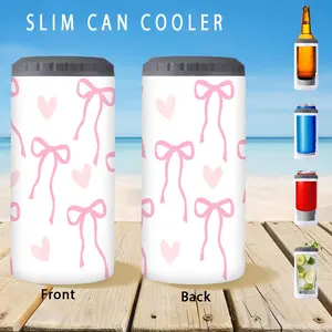 1pc/12oz/350ml,Slim Can Cooler,Insulators,Doucle-Walled Stainless Steel Insulated Slim Cans,2-in-1 Insulated Can Cooler Cup,With Pink Bows And Hearts Design,Suitable For Celebrating Birthdays And Anniversaries,Christmas Gifts,Holiday gifts,Drinkware