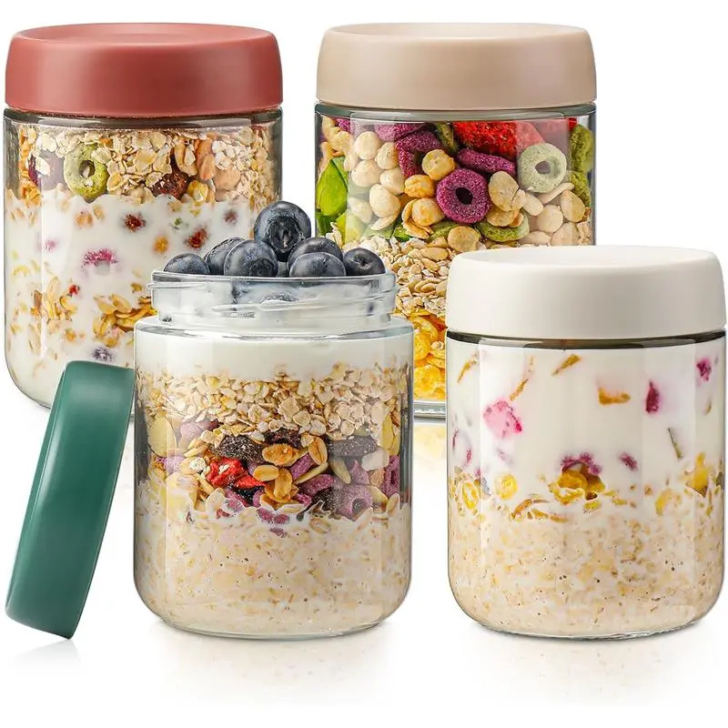 Overnight Oats Containers with Lids,16oz Glass Jars with Lids - Set Of 4, Oatmeal Container to Go, Chia Seed Pudding Jars, Food Containers