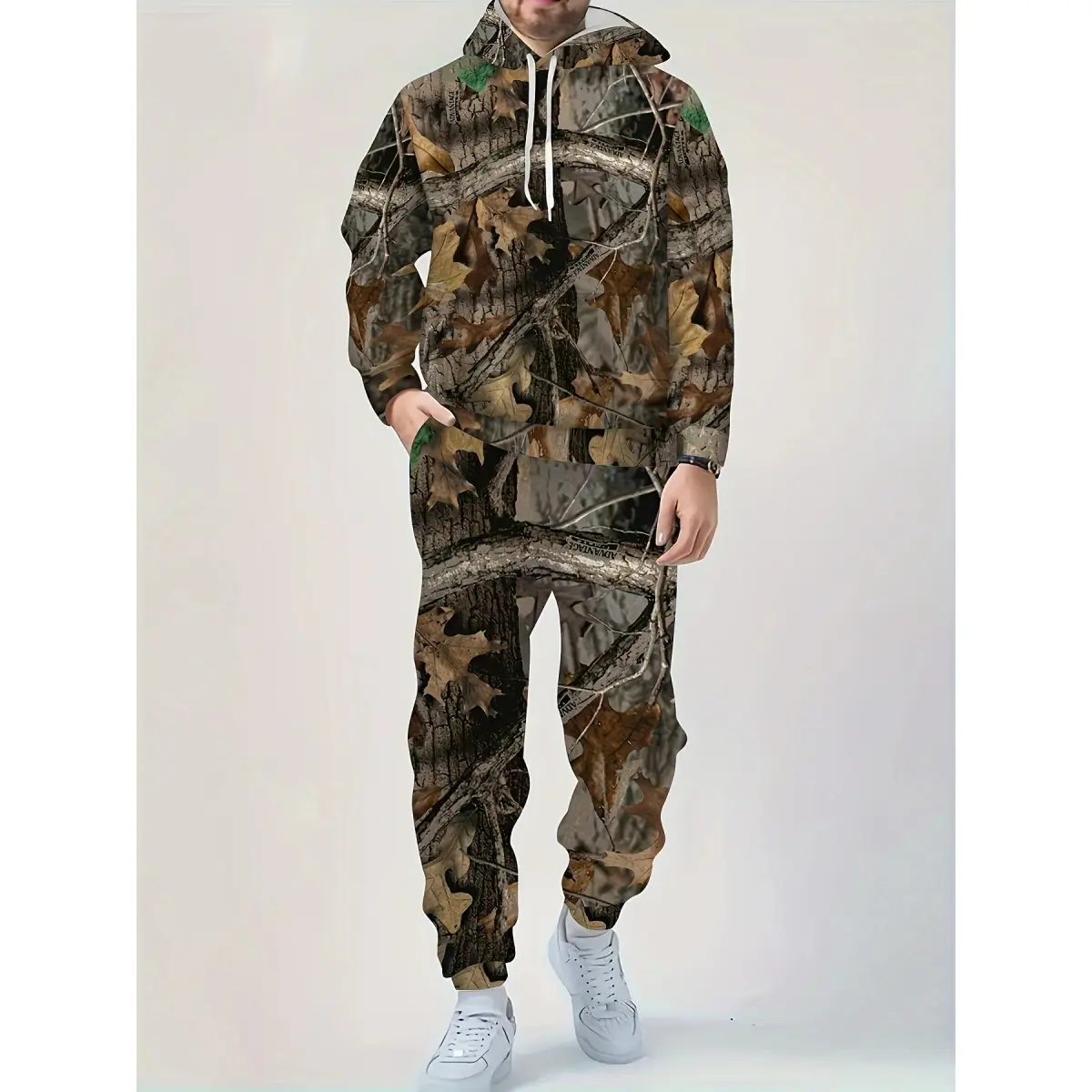 Men's 2-Piece Leaf Print Full-Body Long-Sleeved Hooded Sweatshirt and Pants Set - Thick Warm Suit for Autumn Winter Athleisure Style Workouts, Leaf Print Set