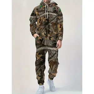 Men's 2-Piece Leaf Print Full-Body Long-Sleeved Hooded Sweatshirt and Pants Set - Thick Warm Suit for Autumn Winter Athleisure Style Workouts, Leaf Print Set