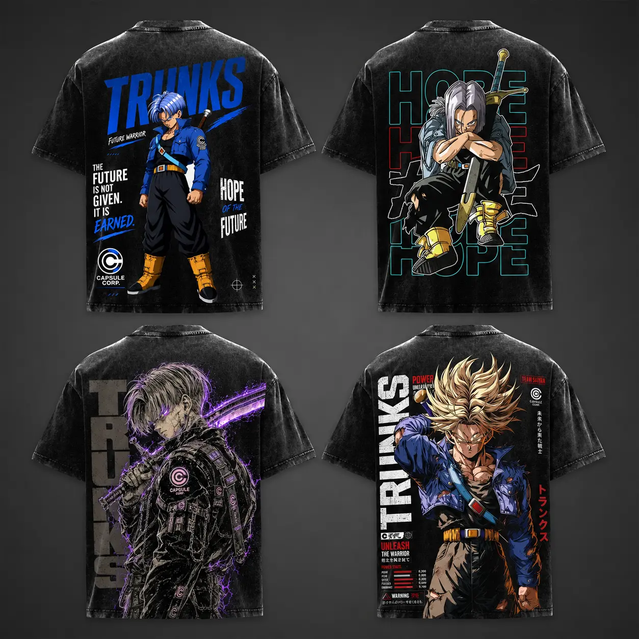 Trunks Future Warrior Anime Graphic Tee, Vintage Washed Black Oversized T-Shirt, Front and Back Print, Capsule Corp Dragon Streetwear Shirt for Anime Fans