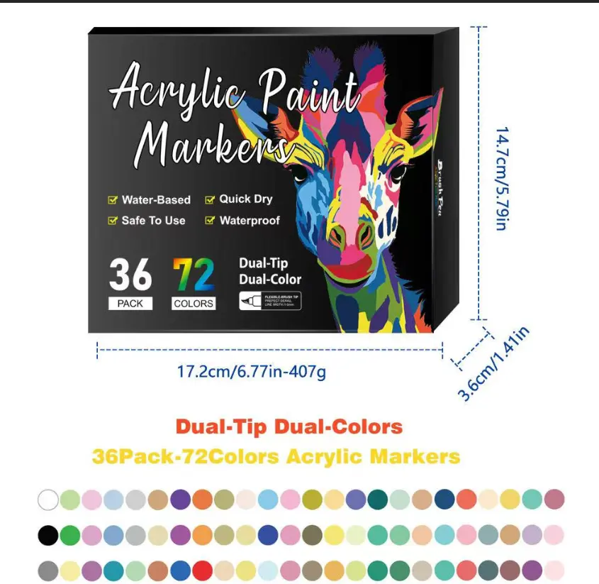 Acrylic paint marker with dual-color brush tip, double-ended acrylic paint pen, suitable for rocks, eggs, wood, canvas, plastic, glass, and ceramics