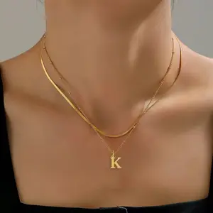 【PANDA Jewelry】Personalized Initial Necklace Layered Gold Minimalist Stainless Steel Pendant Choker Trendy TikTok Viral Jewelry Gift for Her Women's Fashionable Letter Pendant Electroplated Chain 40cm+5cm Length