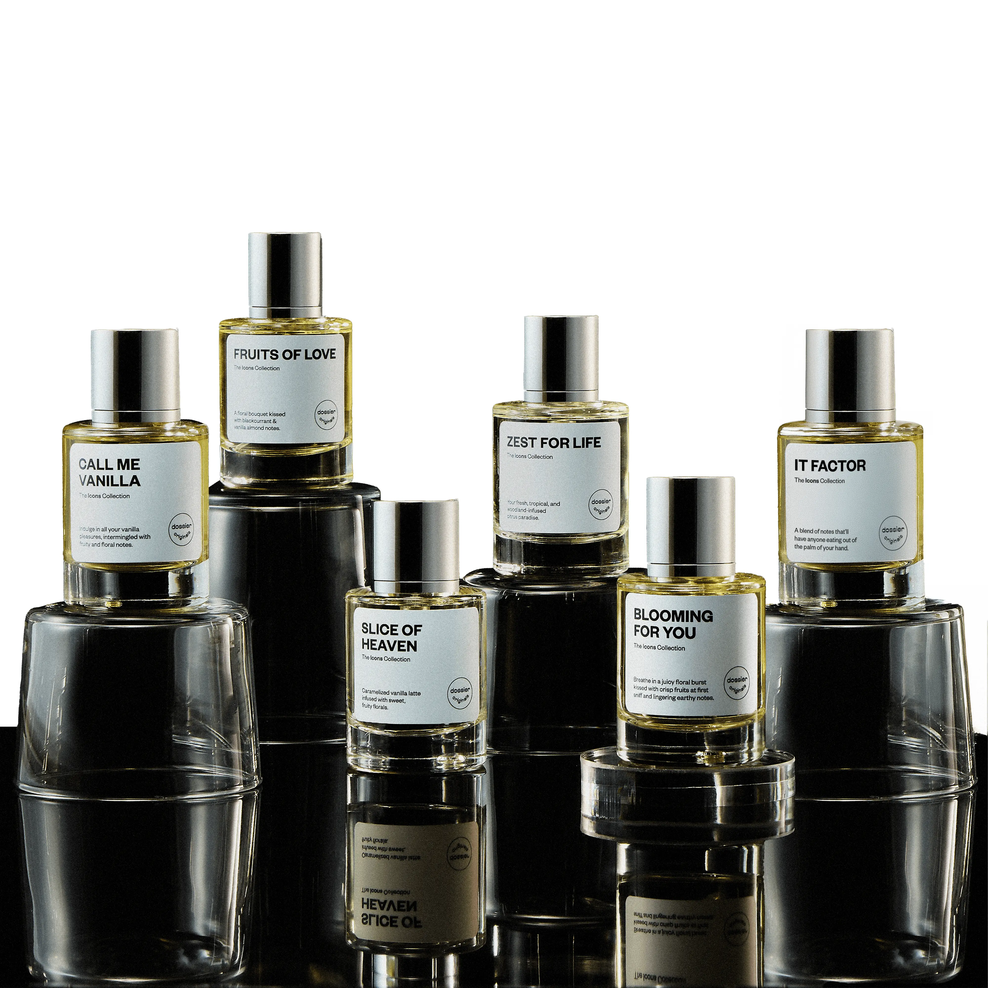 The Icons Collection, Dossier Originals, 50ml, Eau de Parfum, Slice of Heaven, Call Me Vanilla, Blooming For You, Fruits of Love, Zest for Life
