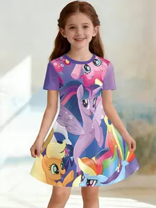 Girls' 3D Short Sleeve Dress, My Little Pony Mermaid Full Print, Round Neck A-Line Summer Dress, Birthday Dress, Perfect for Parties and Gifts
