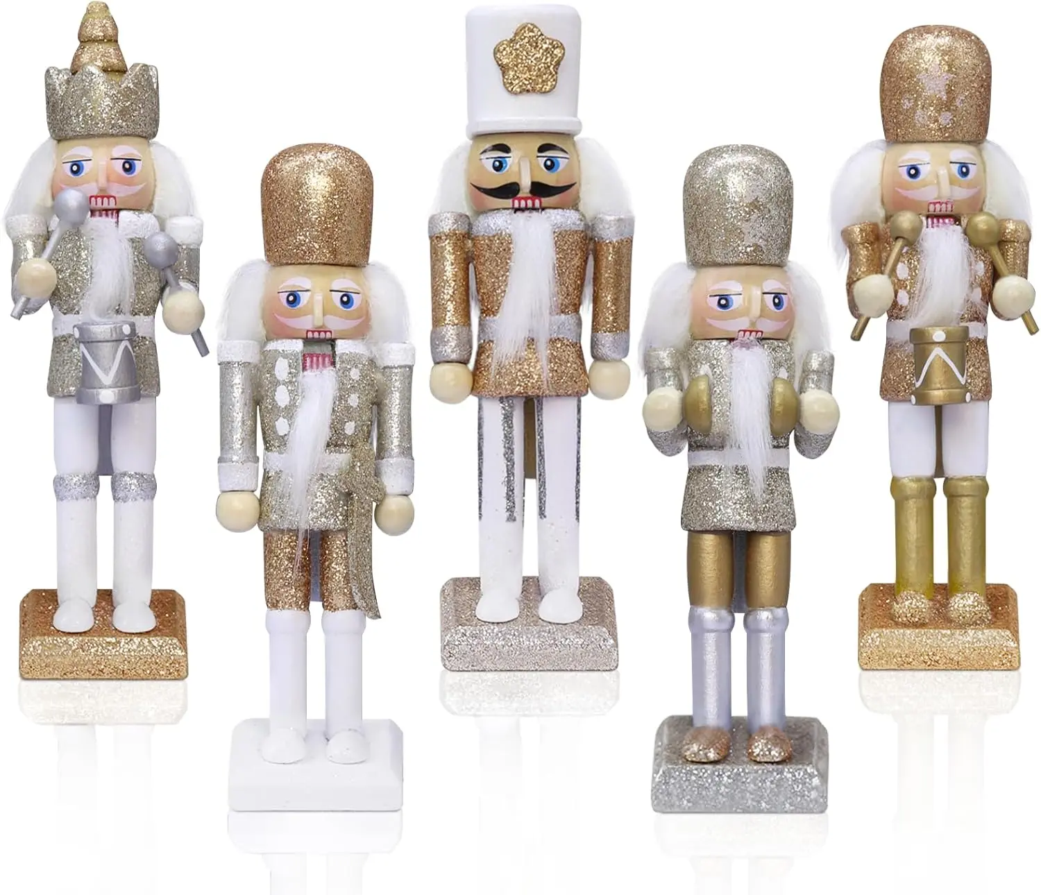 Christmas Nutcracker Ornament Set-Gold and Silver Glittered Christmas Soldier, Nutcrackers Xmas Tree Ornament (5.51'', Set of 5pcs)