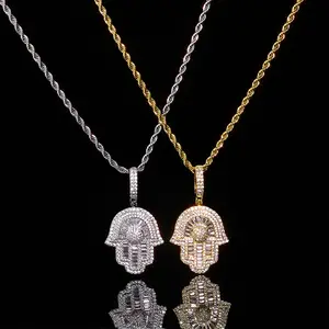 Luxury Hip Hop Hamsa Hand Pendant Necklace for Men Women Iced Out Micro Pave Baguette CZ Diamond White Gold Plated Hand of Fatima Charm with 24" 3mm Rope Chain Trendy Religious Jewelry Protection Amulet Christmas Birthday Gifts for Her Him