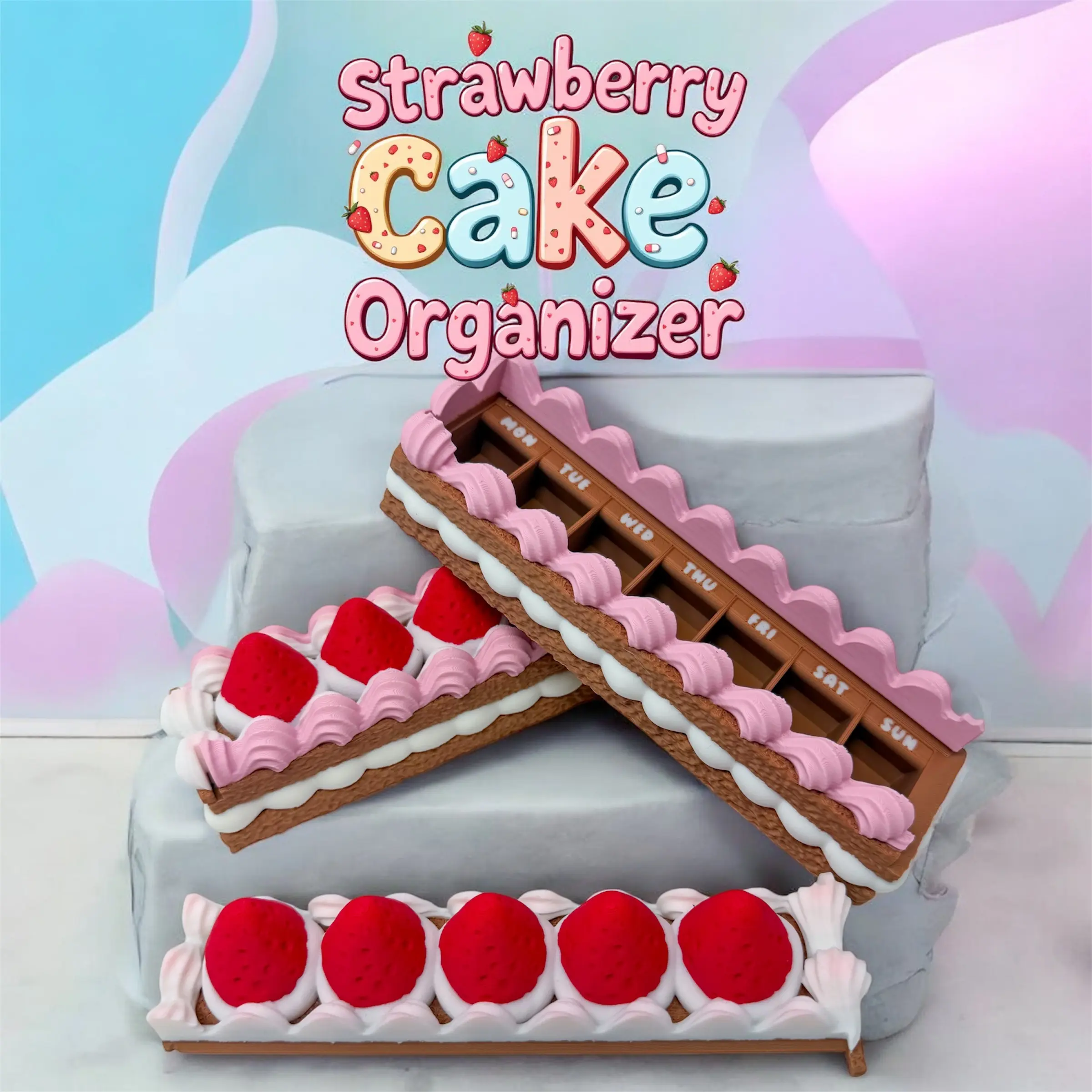 Strawberry Cake Pill Box | Cute Weekly Pill Organizer | Dessert-Themed Medicine Case | 7 Day Pill Box | Kawaii Desk Organizer