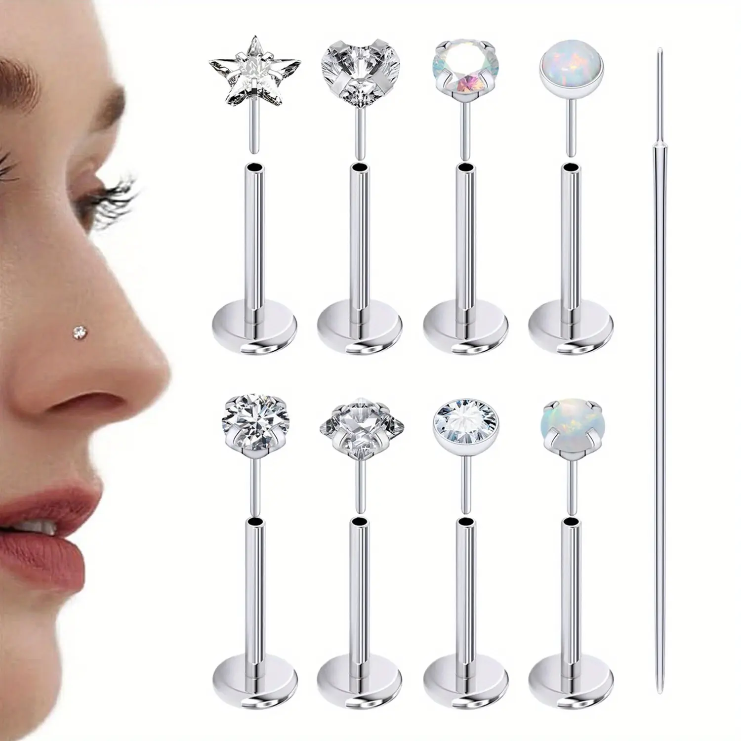 8pcs Stainless Steel Nose Rings Suitable for Women - Hypoallergenic Threadless Flat Back Push-In Nose Piercing Studs, Tragus Earrings, Taper & Heart/Shapes for Sensitive Noses, Ideal for Daily Wear & Gifts