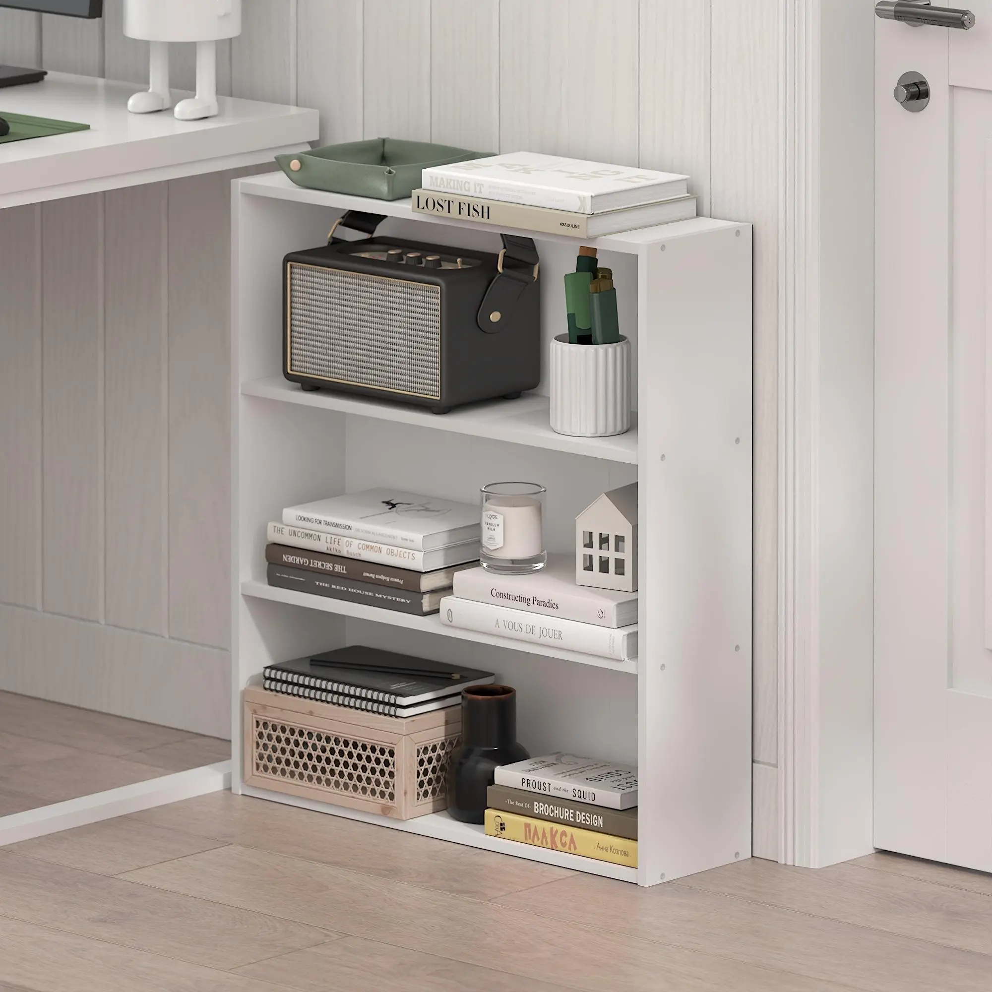 White Low-Profile Composite Wood 3-Tier Open Shelf Bookshelf, 7x24x26 in Space-Saver Cube Storage Furniture for Living Room, Home Office, Three Tier Design