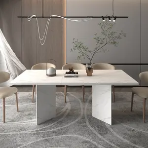 Extendable Dining Room Table for 6 8 10, Modern Faux Marble Wooden Long Large Rectangular Expanding Conference Kitchen Table, White