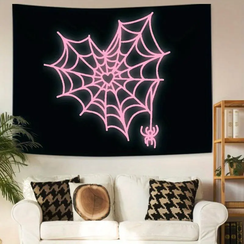 Spider Web & Heart Pattern Glow in the Dark Trippy Tapestry, USB Plug-in LED String Light Included, Wall Hanging Decor for Home Living Room Bedroom, Vanity Decor Accessories, Goth Home Decor, Tapestry Wall Mural