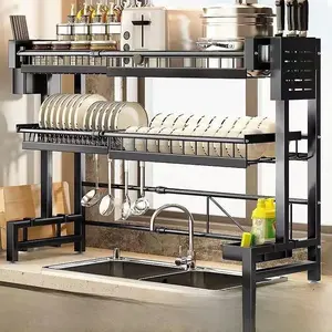 Mr.Organizer Carbon Steel Square Expandable 2-Layer Dish Drying Rack, with Utensil Holder, Cutting Board Rack, Cup Holder & 6 Utility Hooks for Kitchen Metal Fitting Installation