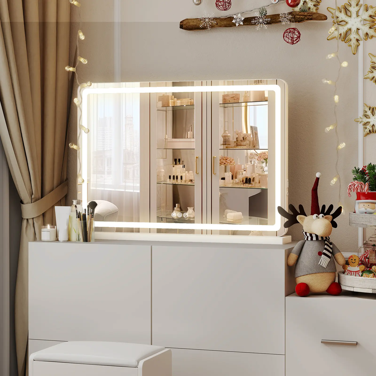 DUMOS Vanity Mirror with Lights, LED Makeup Mirror with Dimmable 3 Color Modes, Touch Screen Control Vanity Based Mirror Desk Mirror Square White