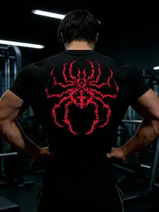 Men's Summer Compression Short Sleeve Y2K Spider Print Breathable Quick Dry Tight Fit Gym Shirt, Running Training Sports Top, High Performance Activewear