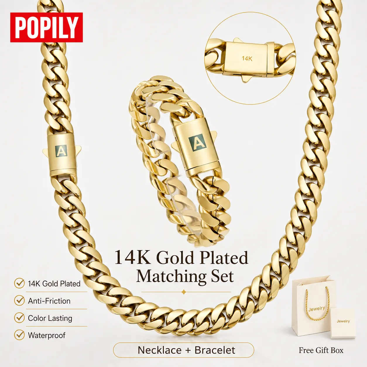 14K Gold Plated 26 Letter “A-Z” Clasp Miami Cuban Chain 14mm Necklace and Bracelet Set—Unisex luxury jewelry inspired by Italian and Mexican micro-designs, perfect for everyday wear and an ideal gift for Mother’s Day and Father’s Day