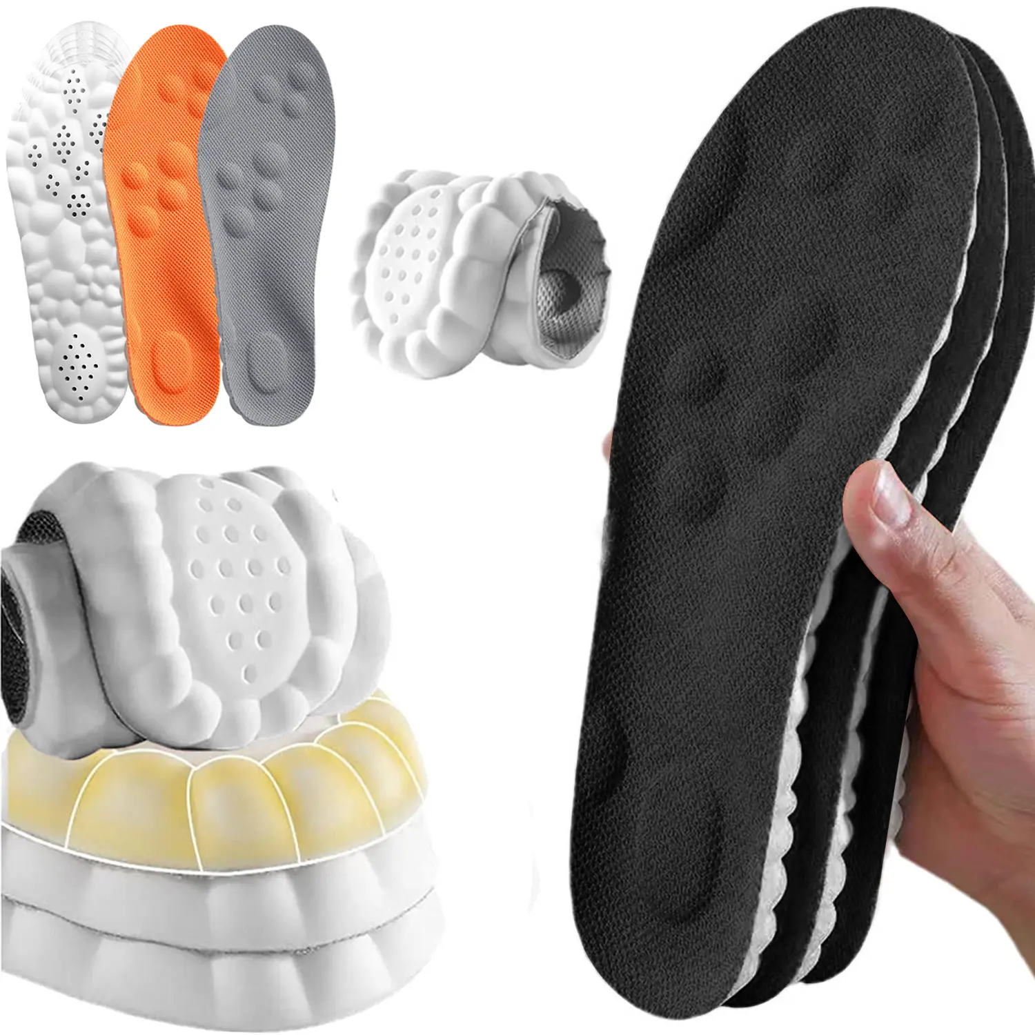 4Pairs 4D Cloud Technology Insole - Super Soft, Ultra Comfort Insoles,Shock Absorption 4D Sports Shoes Insoles,Insole for Foot Support (7-14, Gray Orange Black)