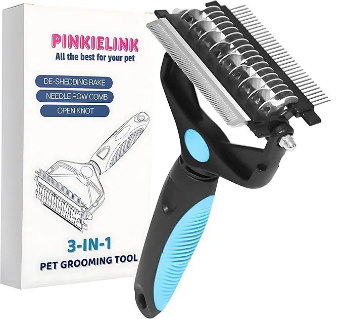 Double-Sided Deshedding Grooming Brush for Dogs & Cats- Skin-Gentle Steel Undercoat Rake+Demat in 1, Non-Scratch Skin-Safe Brushing, 90% Shed Reduction, GroomingAccessories for Short/Long Hair, Less Fur on Clothes