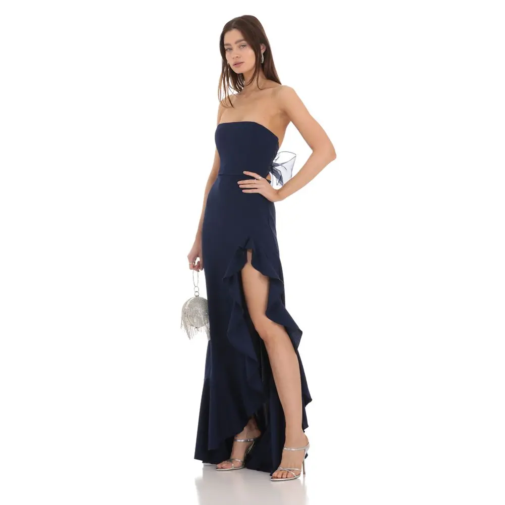 Strapless Back Bow Corset Maxi Dress in Navy
