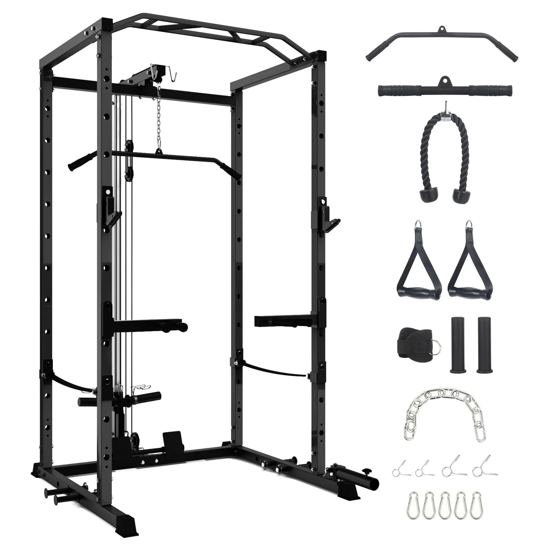 Multi-Functional Power Rack, with Cable Pulley System and J-Hooks, with Dip Bars and Landmine Attachment, Weight Cage for Home Gym Equipment