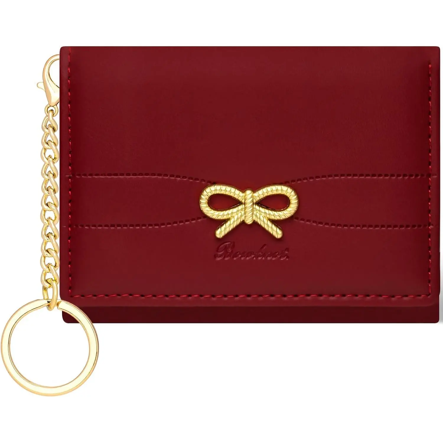 Bow Wallet for Women, Small Slim Trifold Womens Wallet with Key chain Cute Aesthetic Card Holder ID Window for Girl (Trifold, Red)