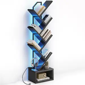 Black Tree 6-Tier Small Floor Standing Bookcase with LED Light Strip, Narrow Steel & Wood Design for Home Office and Living Room Decor