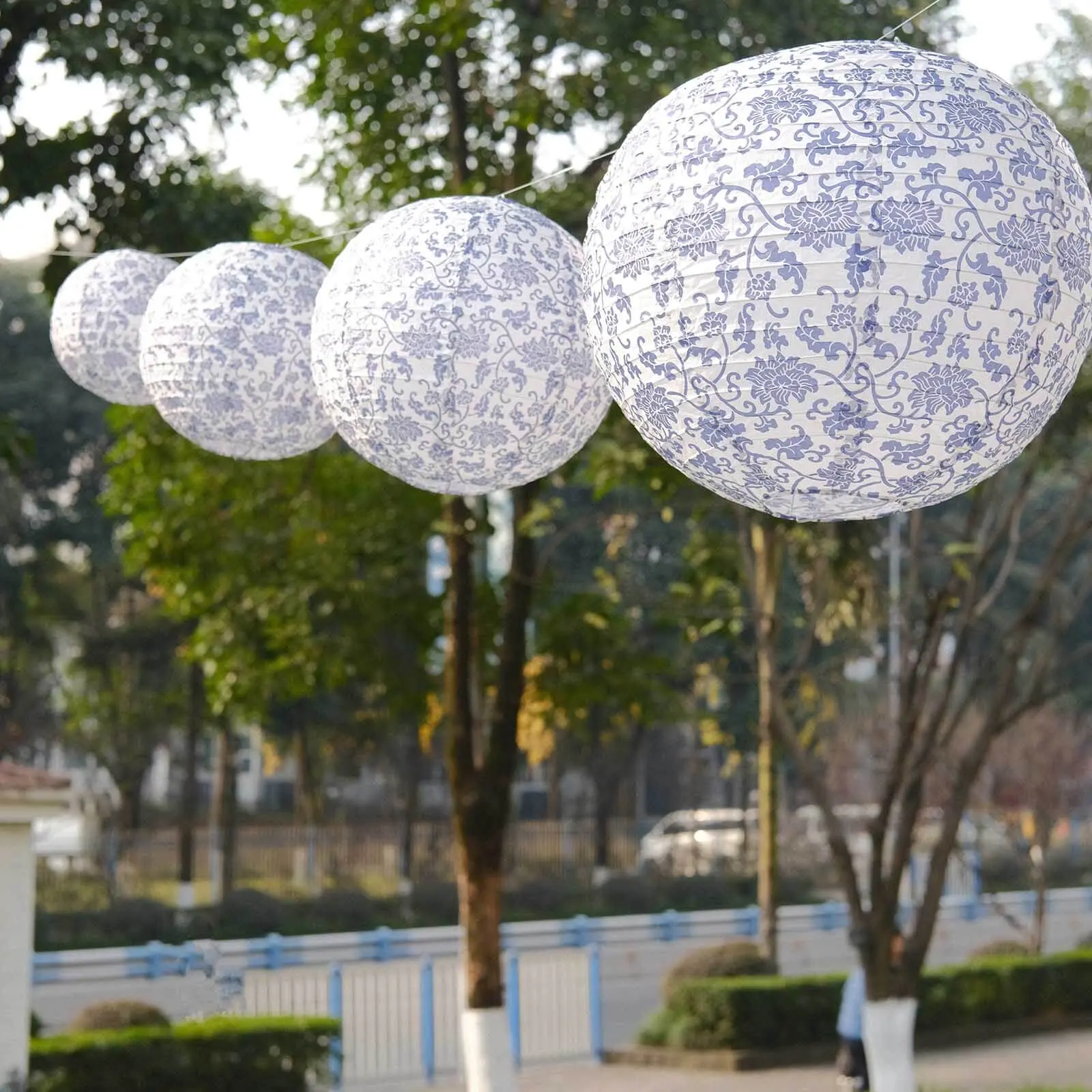 8-Piece French Toile Floral Pattern White Blue Hanging Chinese Lantern Set (6",8",10",14") - Paper Decor for Christmas, Party Decor, Wedding Reception, Hanging Set