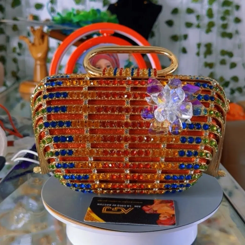 Luxury Designer Metallic Clutch Purse with Crystal Flowers, Multi Color Diamonds, Box Clutch for Special Occasions, 2024