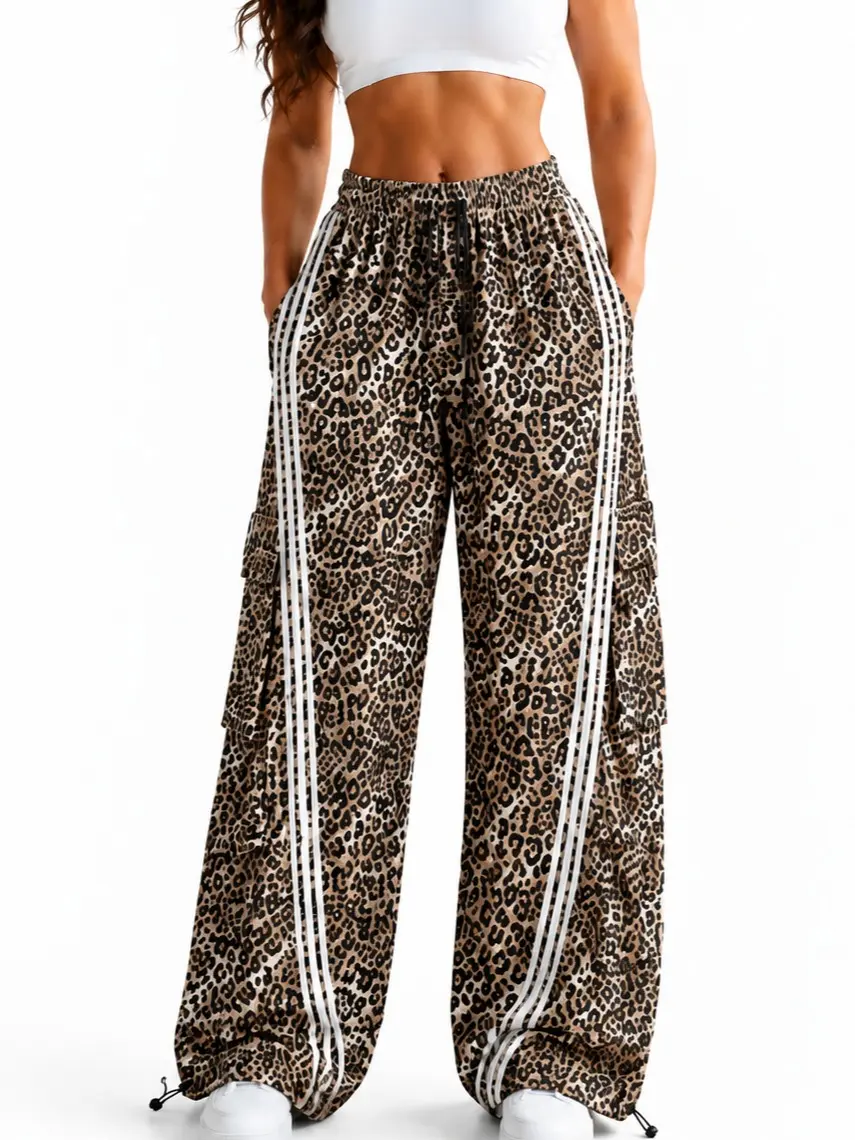 Flooo Women’s Retro Sport Leopard Pants, Relaxed Wide Leg Trousers with Adjustable Drawstring Hem