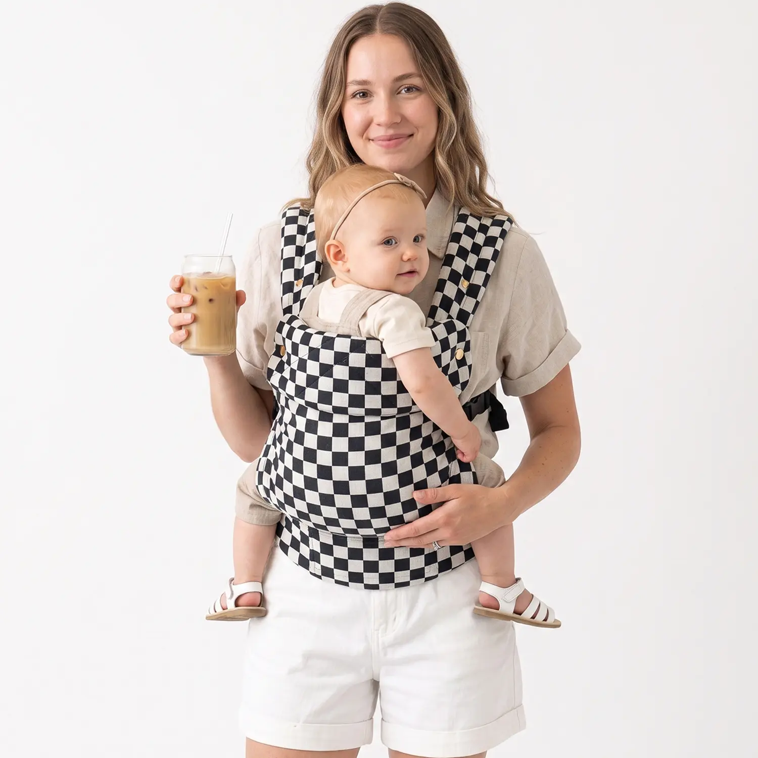 YUBEBE Ergonomic Checkerboard Pattern Cotton-Linen Baby Carrier, Lightweight Portable Unisex Front/Backpack Carrier for 0-3 Years Newborn to Toddler, Adjustable, Lightweight Infant Carrier