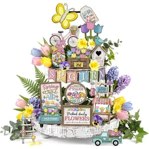 24 Pcs Spring Flower Tiered Tray Decoration Set Farmhouse Tulips Floral Wooden Sign Rustic Spring Table Centerpieces Tulips Tiered Tray Decor for Home Shel